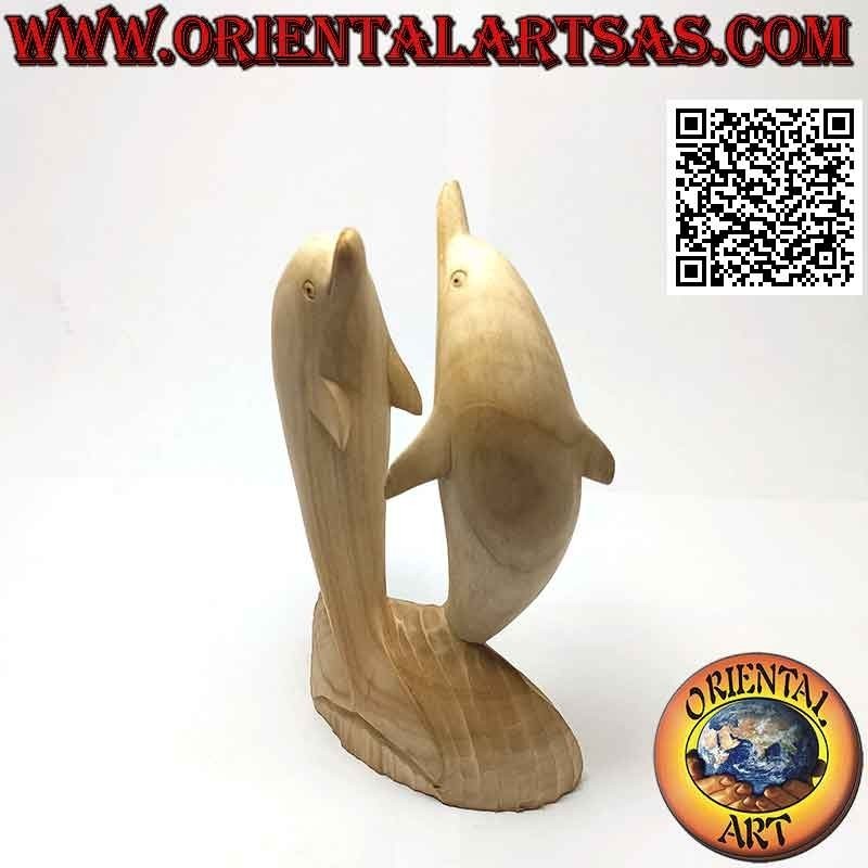 Skulptur eines Paares tanzender Delfine, die auf der Klippe stehen, aus 20 cm Hibiskusholz