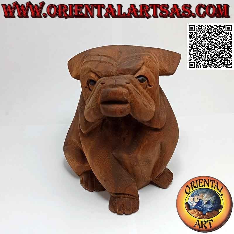 Escultura de un bulldog inglés sentado tallada a mano en un bloque de suar de 16 cm