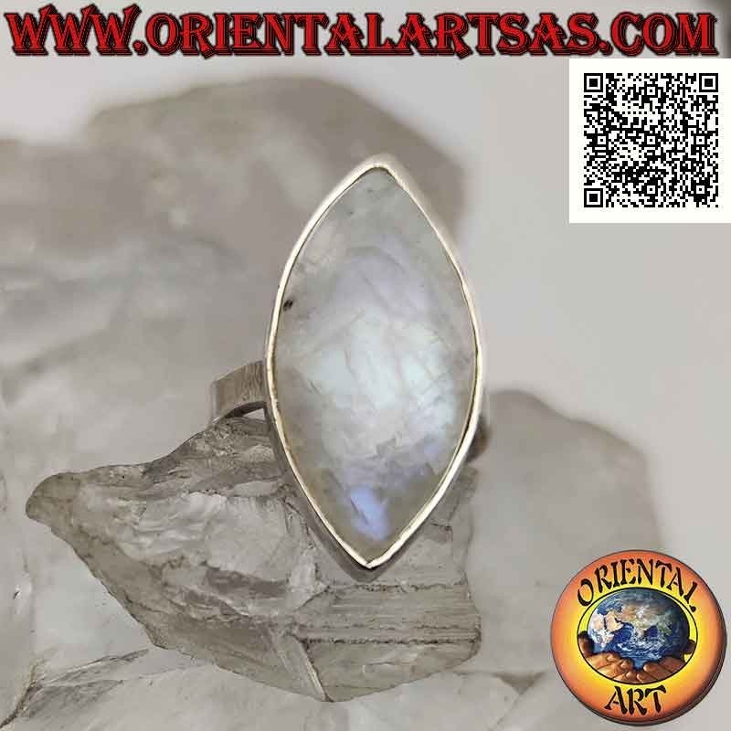 Silver ring with a pointed oval cabochon rainbow moonstone in a smooth setting