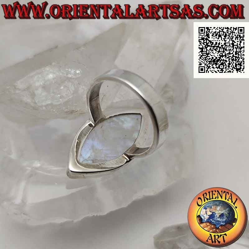 Anello in argento con pietra di luna arcobaleno ovale appuntita cabochon su montatura liscia