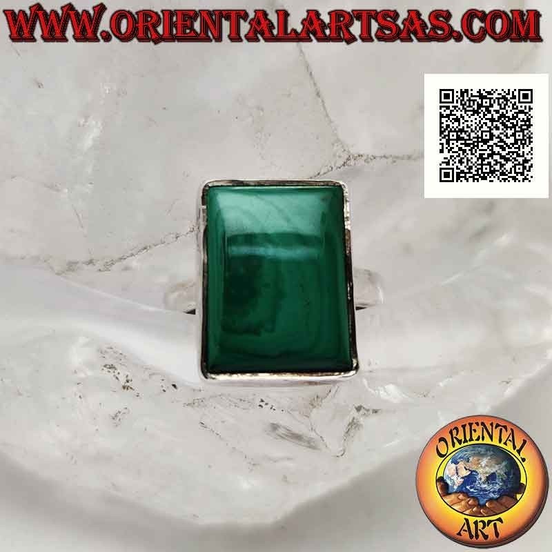 Silver ring with rectangular malachite on a smooth setting