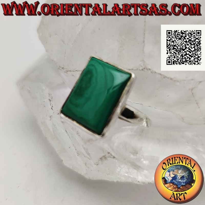 Silver ring with rectangular malachite on a smooth setting