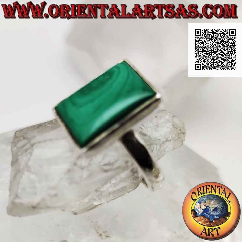 Silver ring with rectangular malachite on a smooth setting