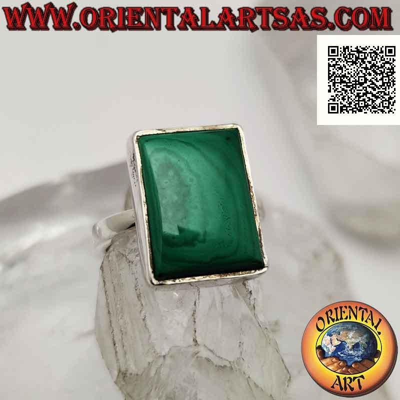 Silver ring with rectangular malachite on a smooth setting