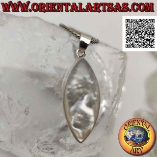 Silver pendant with pointed oval cabochon mother-of-pearl on smooth setting