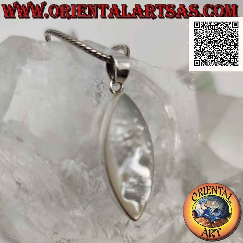 Silver pendant with pointed oval cabochon mother-of-pearl on smooth setting