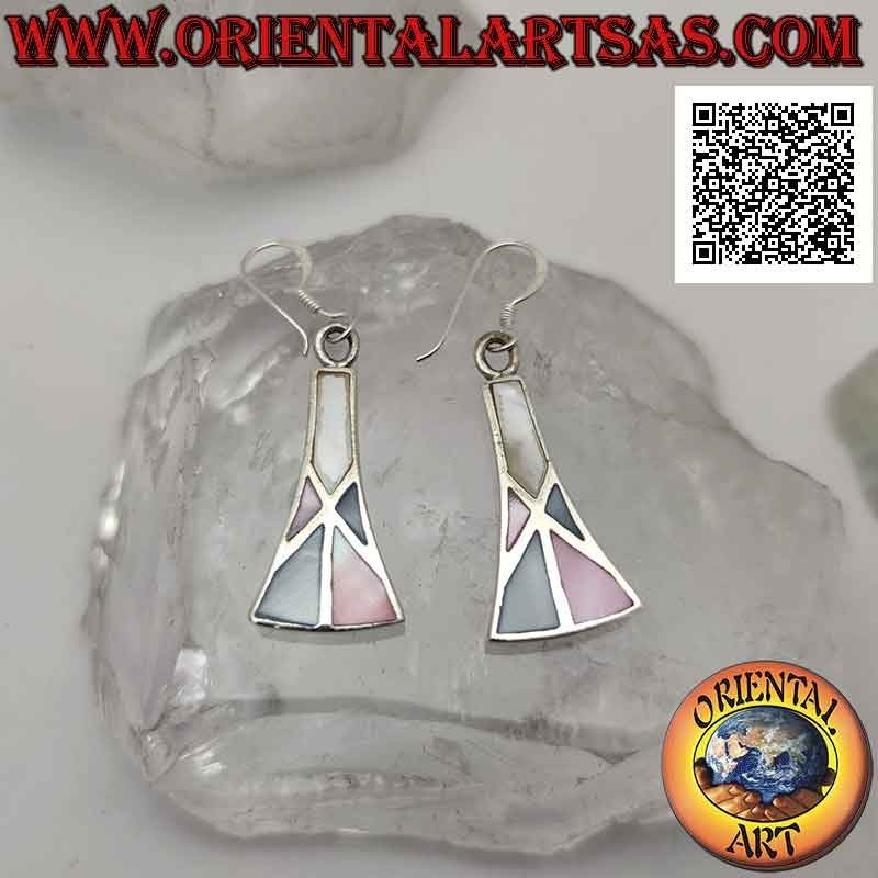 Boucles d'oreilles trapèze isocèles galbées en argent avec fil mosaïque de nacre multicolore