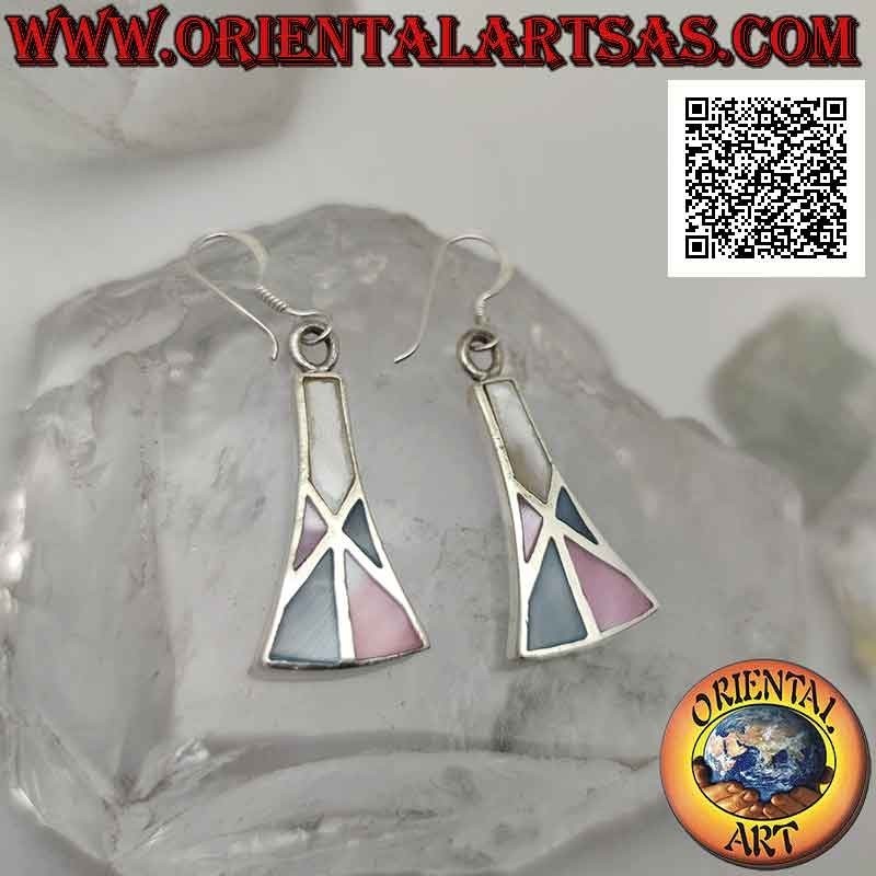 Boucles d'oreilles trapèze isocèles galbées en argent avec fil mosaïque de nacre multicolore