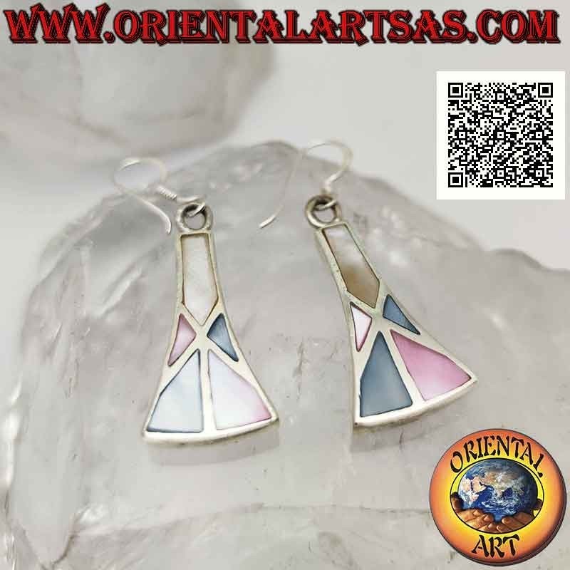 Pendientes de plata trapezoidal isósceles curvados con mosaico de nácar multicolor de alambre