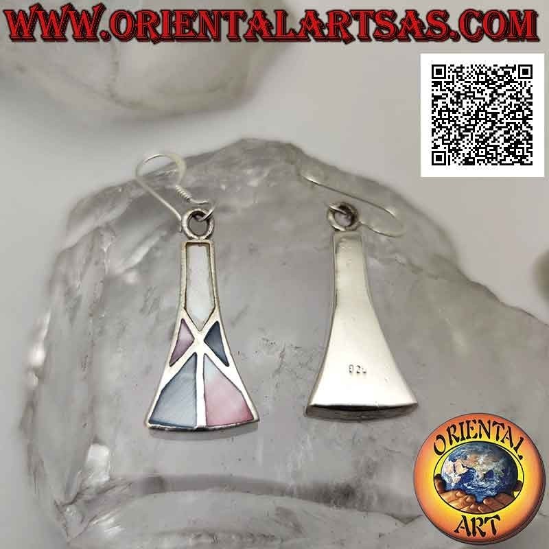 Curved isosceles trapezoid silver earrings with wire multicolor mother-of-pearl mosaic
