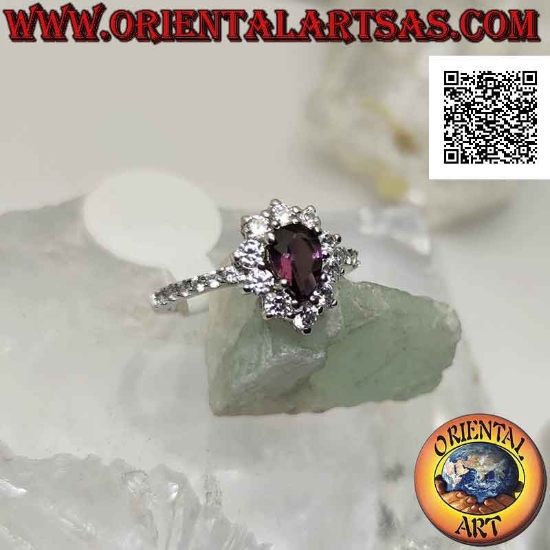 Anello in argento fiore di zirconi bianchi con ametista a goccia incastonata e zirconi sui lati