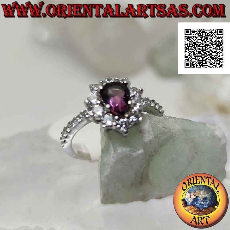 Anello in argento fiore di zirconi bianchi con ametista a goccia incastonata e zirconi sui lati