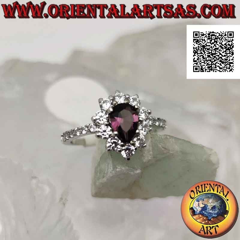 Silver ring with white cubic zirconia flower set with drop-shaped amethyst