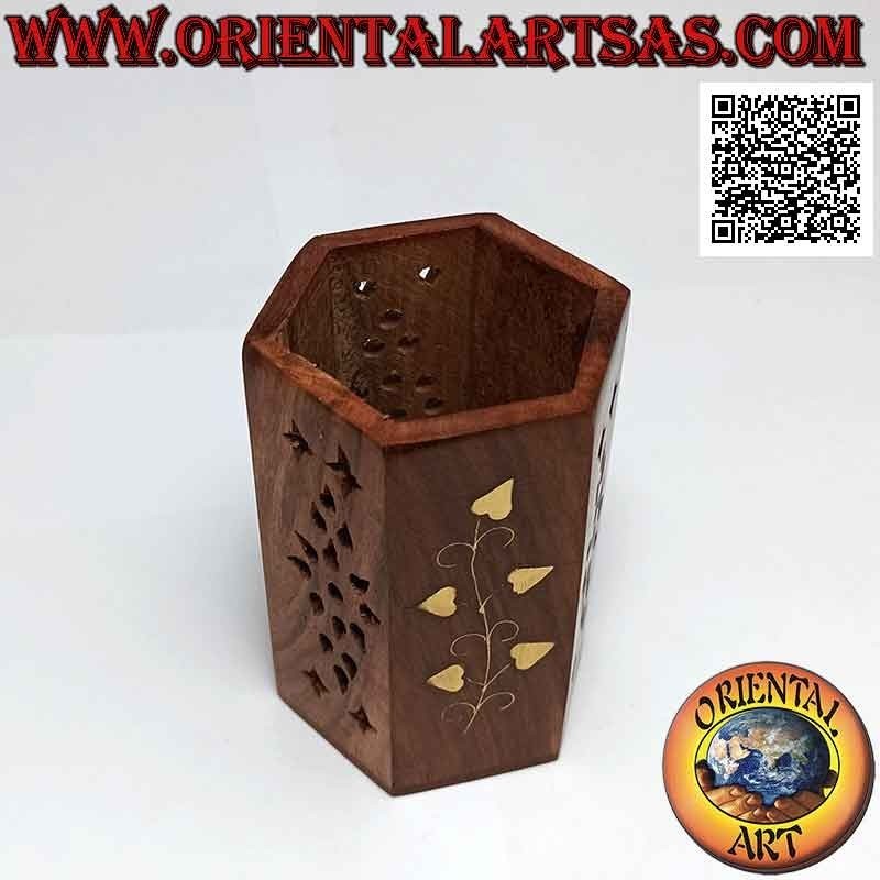Hexagonal pen holder with floral decoration and alternating openwork in rosewood