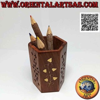 Portapenne esagonale con decoro floreale e trafori alternati in legno di palissandro