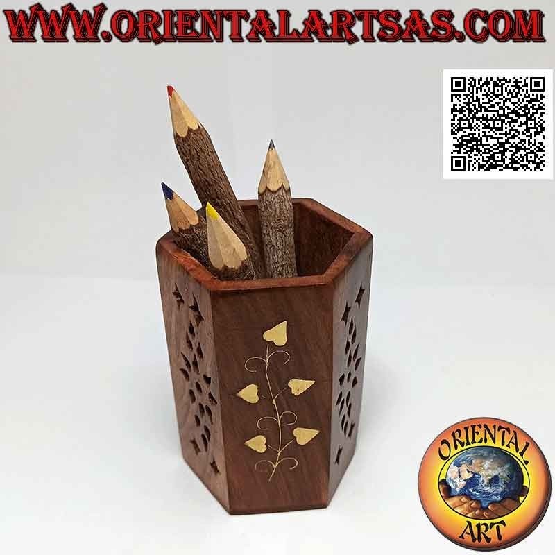 Portapenne esagonale con decoro floreale e trafori alternati in legno di palissandro