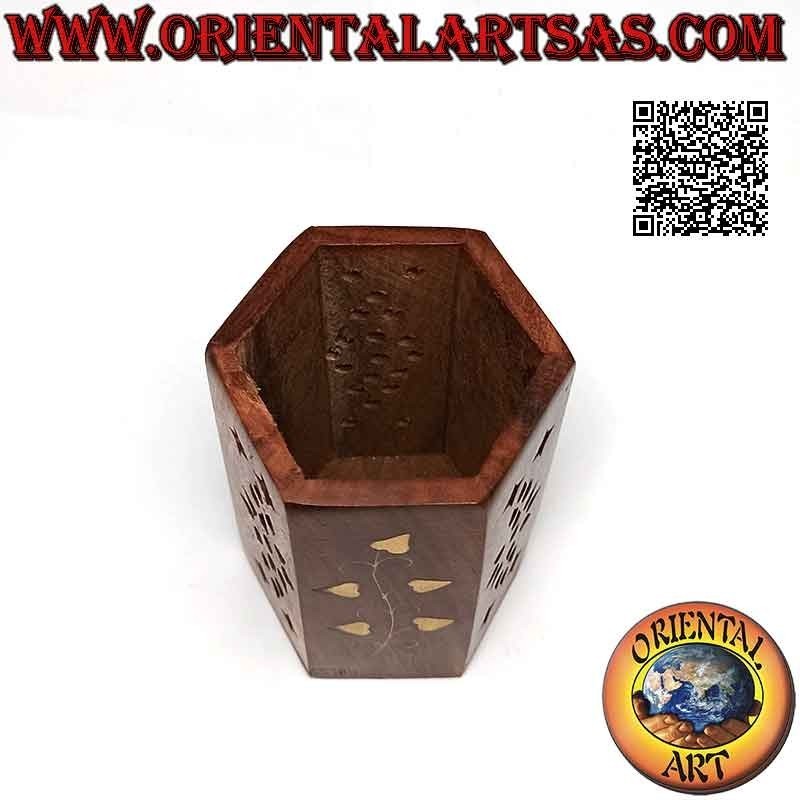 Hexagonal pen holder with floral decoration and alternating openwork in rosewood