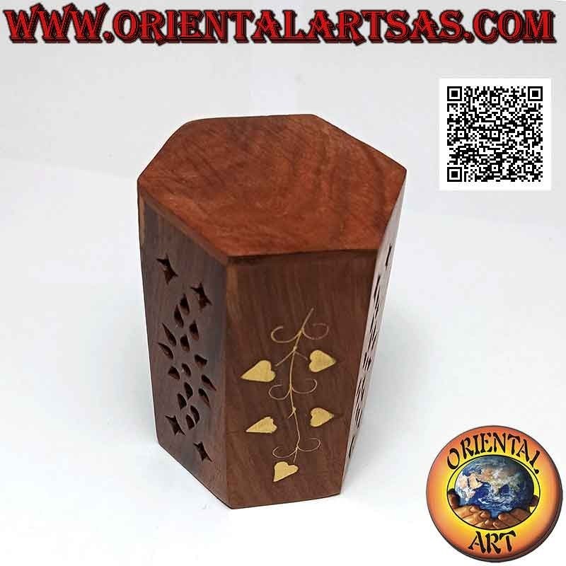 Hexagonal pen holder with floral decoration and alternating openwork in rosewood