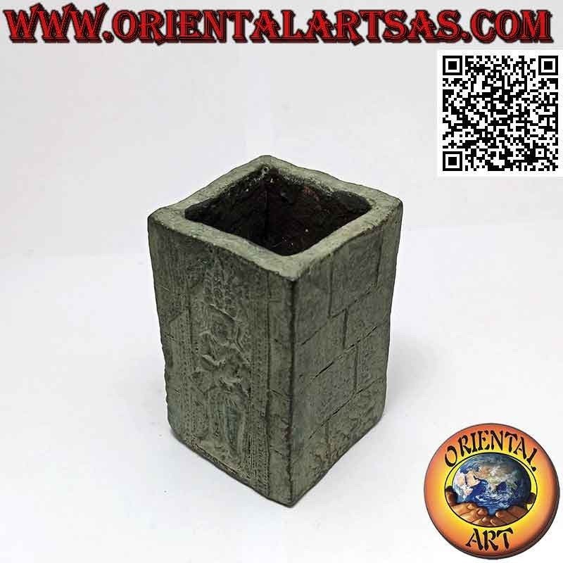 Square pen holder with green terracotta bas-relief buddha
