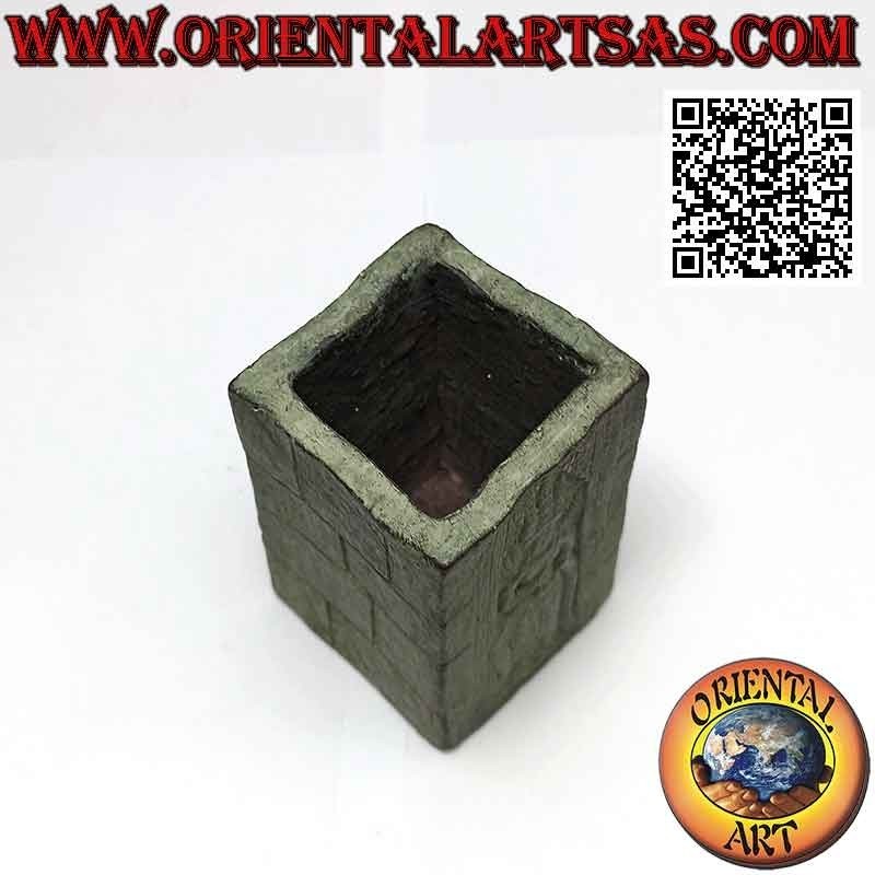 Square pen holder with green terracotta bas-relief buddha