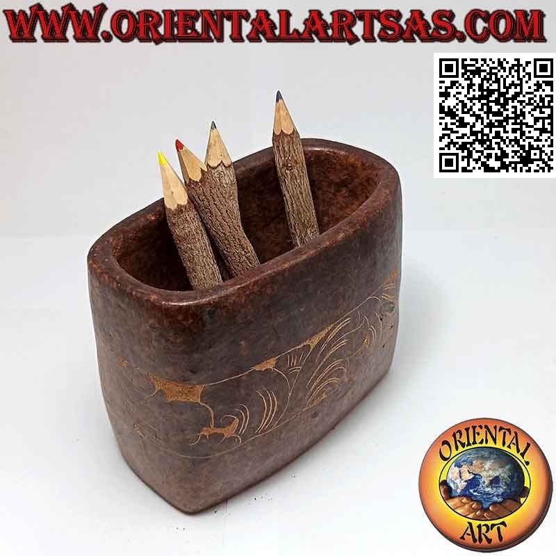 Pot à stylo rectangulaire traditionnel Lombok à décor floral, en terre cuite