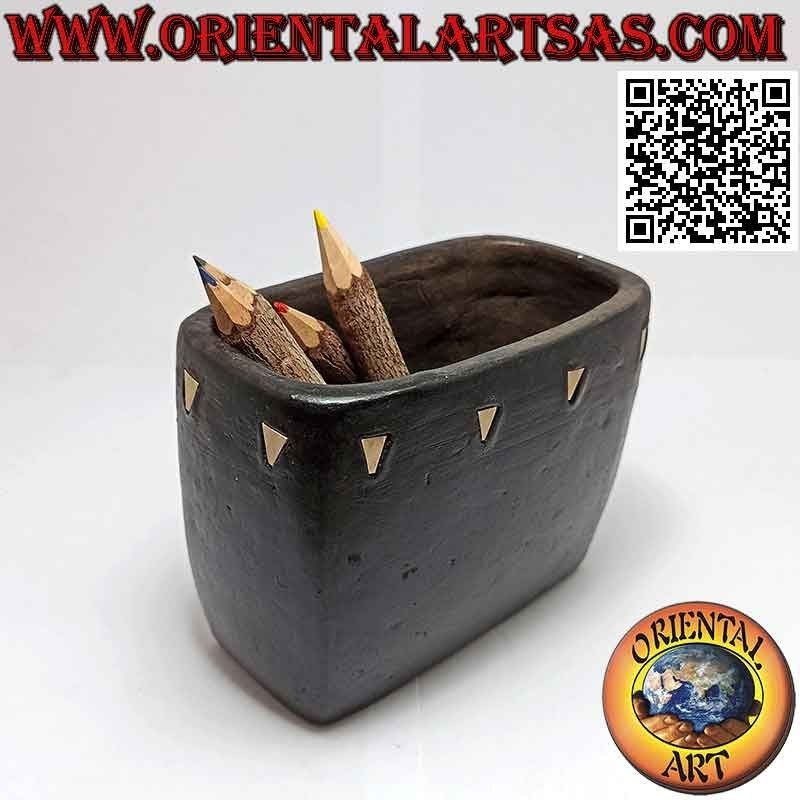 Traditional Lombok rectangular pen holder with triangular resin inserts, in terracotta