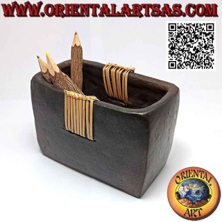 Traditional Lombok rectangular pen holder with central wicker, in terracotta