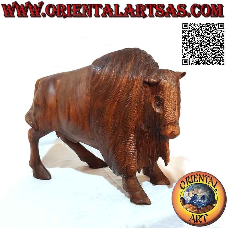 Sculpture bison d'Amérique 29 cm en bois de suar (sculpté à la main dans un seul bloc)