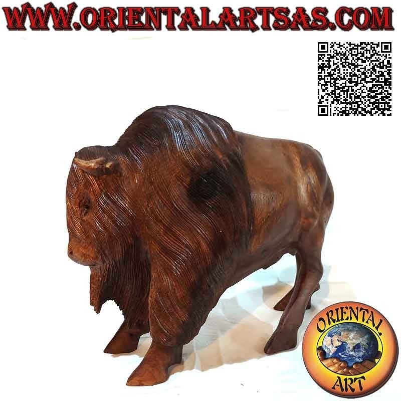 Sculpture bison d'Amérique 29 cm en bois de suar (sculpté à la main dans un seul bloc)