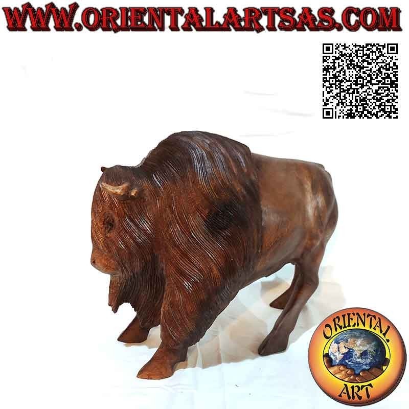 Sculpture bison d'Amérique 29 cm en bois de suar (sculpté à la main dans un seul bloc)
