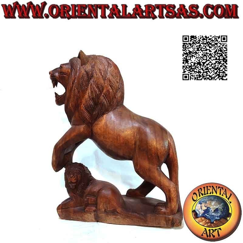 Growling lion with cub sculpture in 45cm suar wood (hand carved from a single block)
