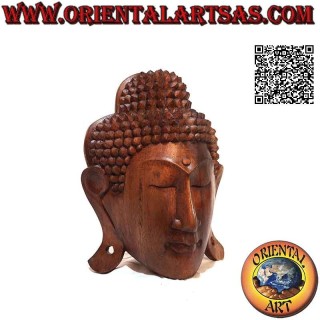 Buddha head sculpture mask for wall or support in suar wood, 25 x 20 cm (single block)