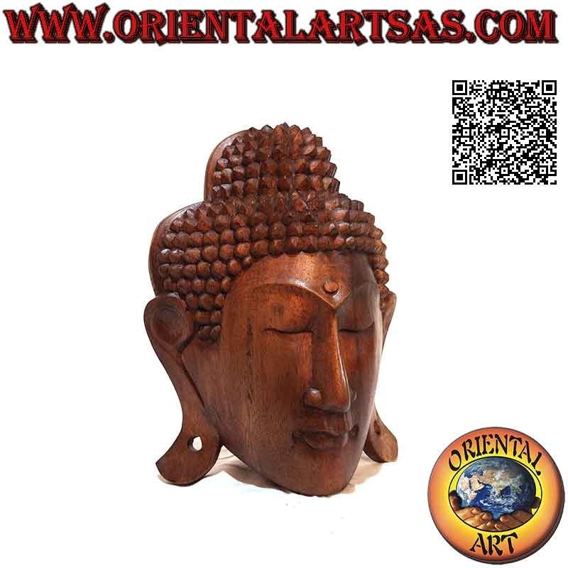 Masque sculpture tête de Bouddha pour mur ou support en bois de suar, 25 x 20 cm (monobloc)