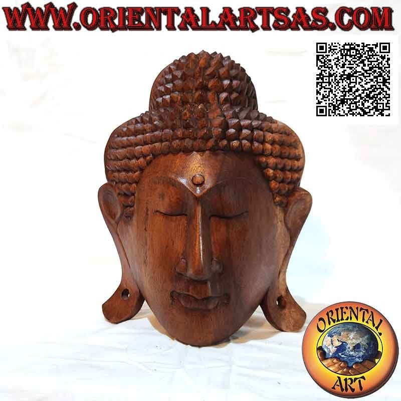 Buddha head sculpture mask for wall or support in suar wood, 25 x 20 cm (single block)