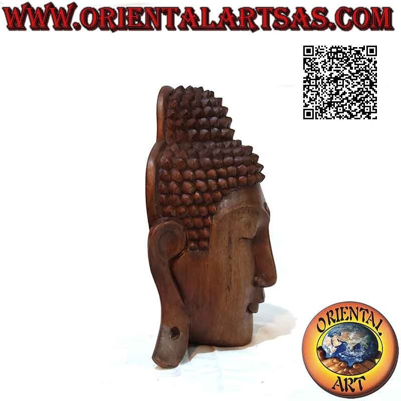 Buddha head sculpture mask for wall or support in suar wood, 25 x 20 cm (single block)