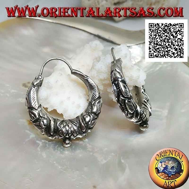 Pendientes de plata, círculos de media luna trabajados con decoraciones étnicas en relieve 30 mm (clásico)