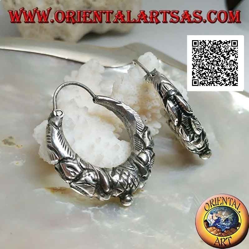 Silver earrings, half-moon circles worked with embossed ethnic decorations 30 mm (classic)