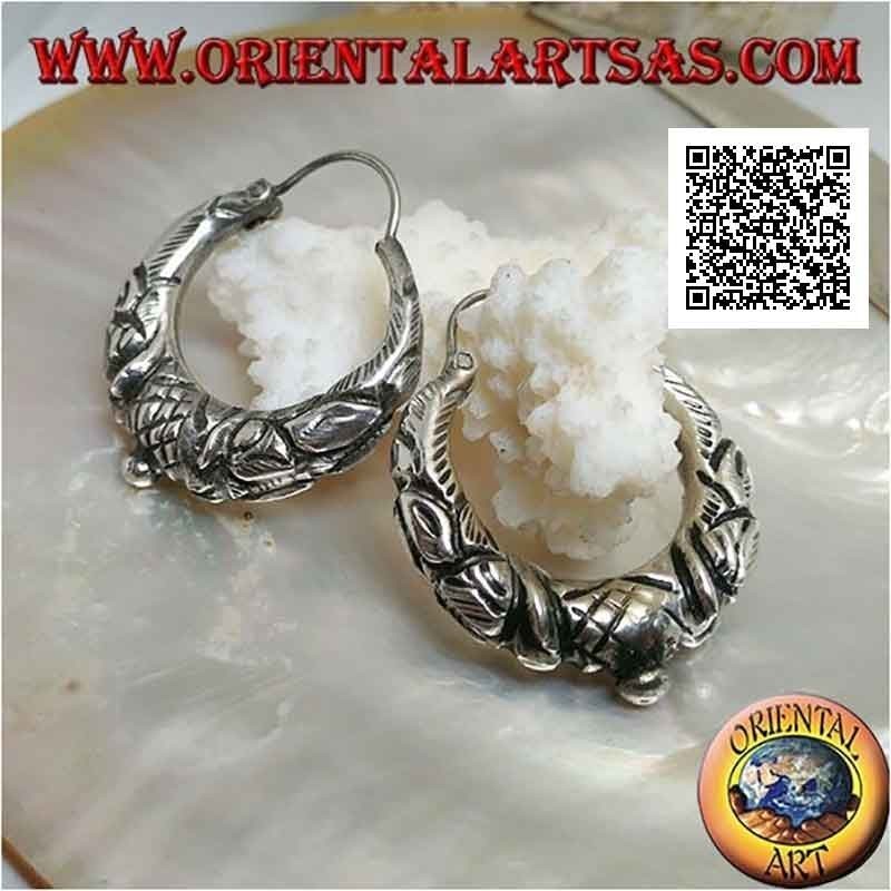 Pendientes de plata, círculos de media luna trabajados con decoraciones étnicas en relieve 30 mm (clásico)