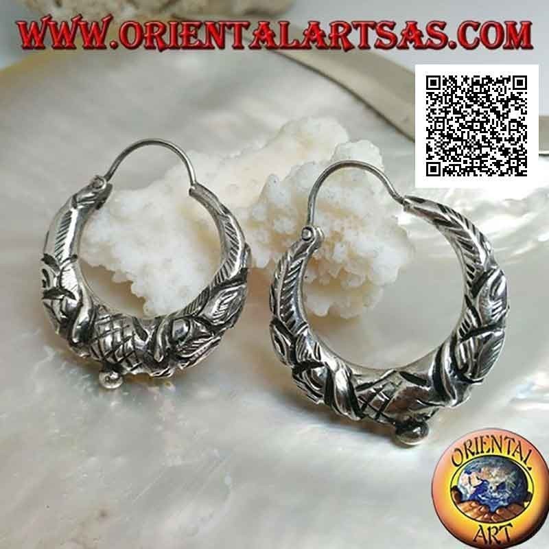 Orecchini in argento, cerchi a mezzaluna lavorati con decorazioni etniche in rilievo da 30 mm (classica)