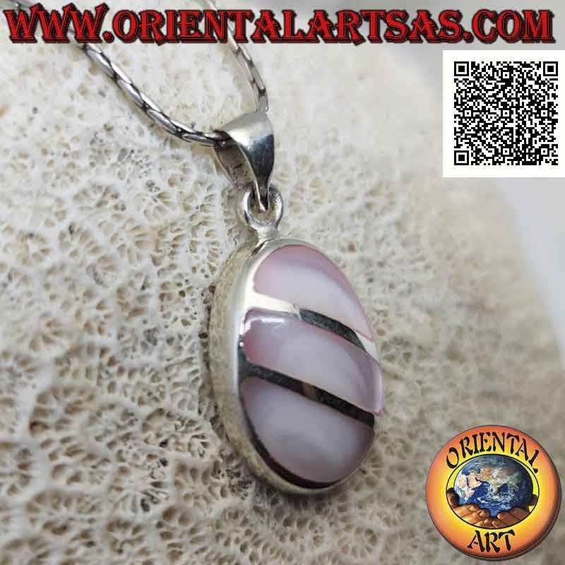 Oval silver pendant with three oblique bands of pink fluorescent mother-of-pearl flush with the edge