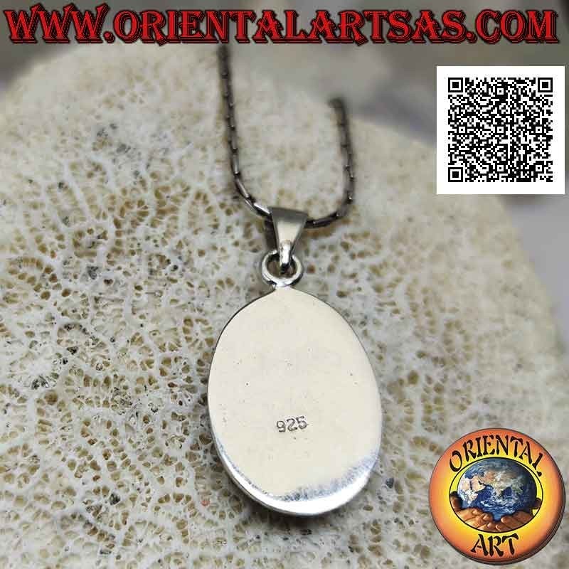 Oval silver pendant with three oblique bands of pink fluorescent mother-of-pearl flush with the edge