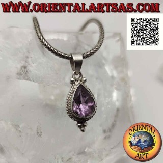 Silver pendant with drop-shaped amethyst surrounded by interweaving and three balls below (A)