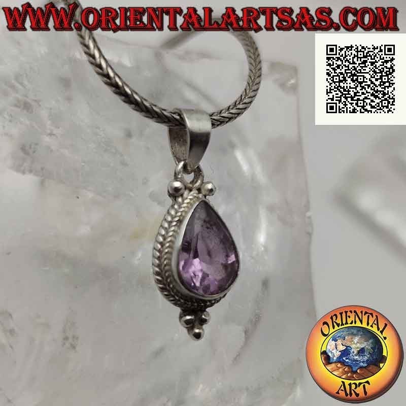 Silver pendant with drop-shaped amethyst surrounded by interweaving and three balls below (A)