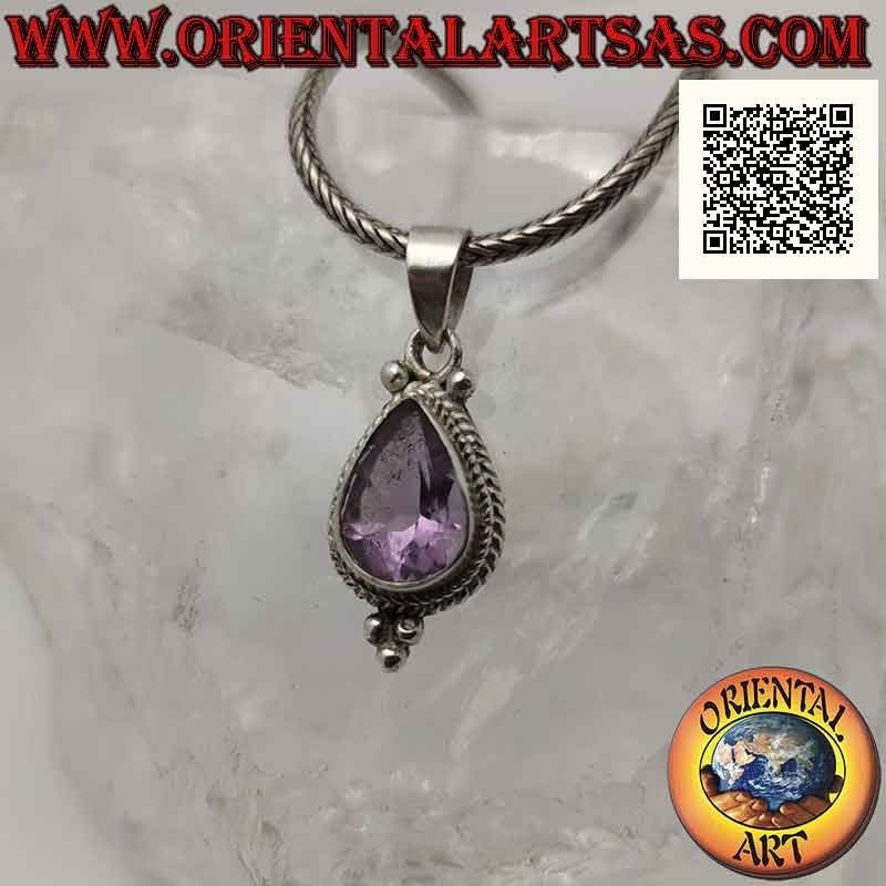 Silver pendant with drop-shaped amethyst surrounded by interweaving and three balls below (A)