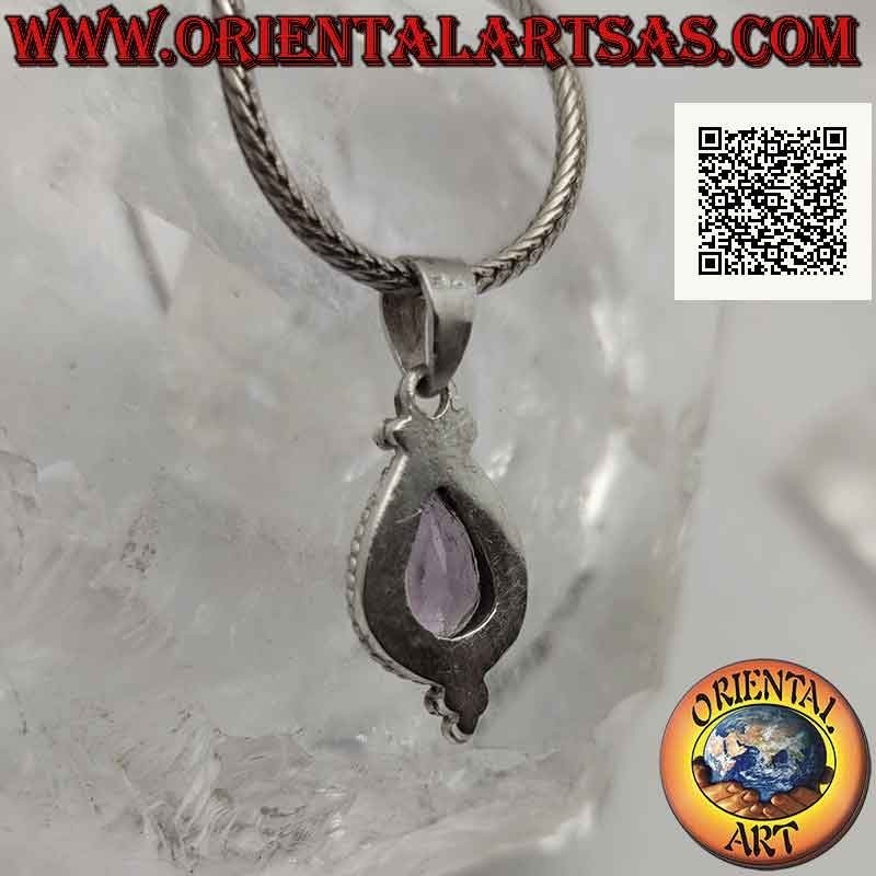 Silver pendant with drop-shaped amethyst surrounded by interweaving and three balls below (A)