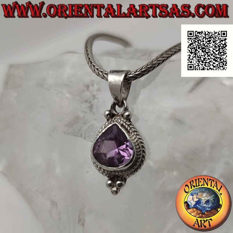 Silver pendant with drop-shaped amethyst surrounded by interweaving and three balls below (B)