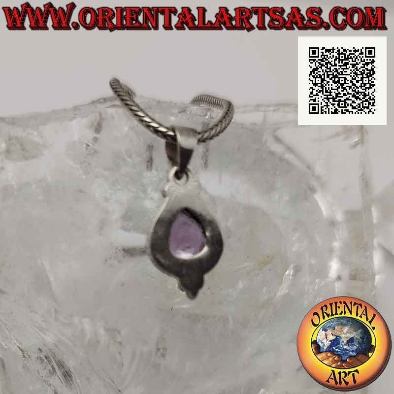 Silver pendant with drop-shaped amethyst surrounded by interweaving and three balls below (B)