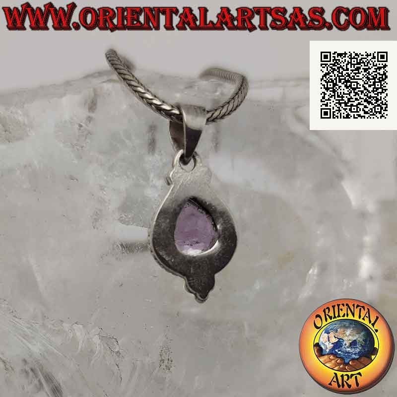 Silver pendant with drop-shaped amethyst surrounded by interweaving and three balls below (B)