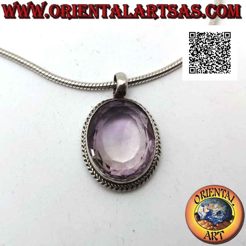 Silver pendant with large natural oval faceted amethyst surrounded by interweaving