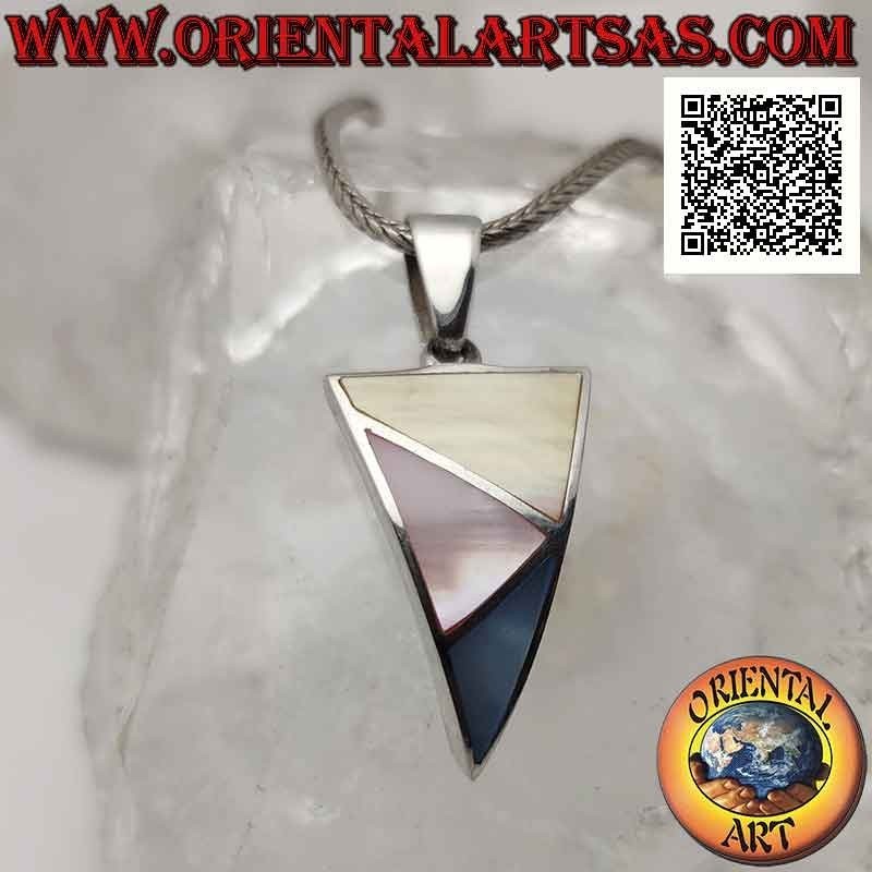 Curved triangular silver pendant with three scalene triangles of multicolor mother of pearl flush with the edge